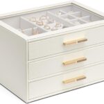 VLANDO Jewelry Box for Women, Glass Lid Jewelry Organizer with 3 Drawers for Necklaces Rings Earrings Bracelets Mother Day Gift for Mom - Cloud White