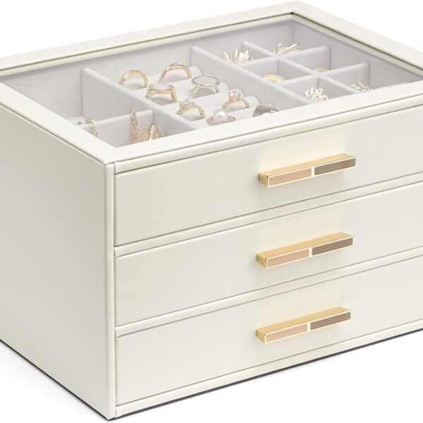 VLANDO Jewelry Box for Women, Glass Lid Jewelry Organizer with 3 Drawers for Necklaces Rings Earrings Bracelets Mother Day Gift for Mom - Cloud White