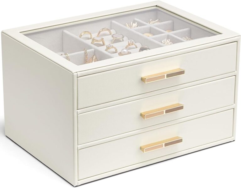 VLANDO Jewelry Box for Women, Glass Lid Jewelry Organizer with 3 Drawers for Necklaces Rings Earrings Bracelets Mother Day Gift for Mom - Cloud White