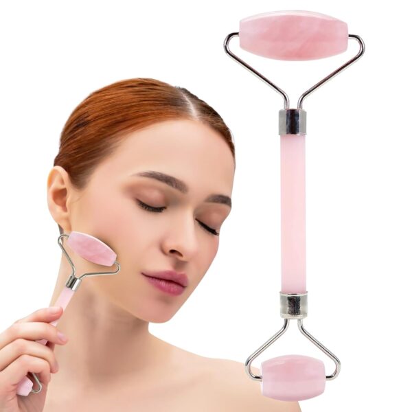 Rose Quartz Face Roller - Gua Sha Facial Tools, Jade Rollers for Face, Skin Care Kit for Men Women, Guasha Tools for Faces, Facial Care Reduces Under-Eye Puffiness and Dark Circles