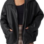 AUTOMET Women's Oversized Faux Leather Jacket - Fall Motorcycle Style Coat with Zipper Closure