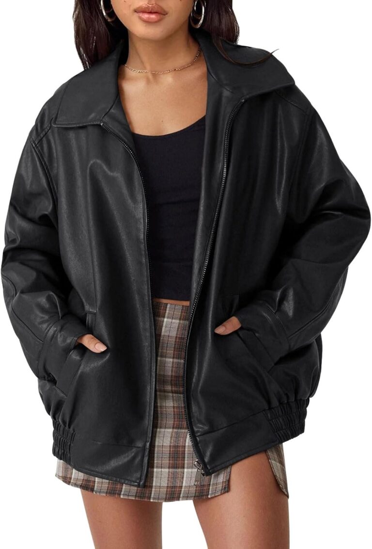 AUTOMET Women's Oversized Faux Leather Jacket - Fall Motorcycle Style Coat with Zipper Closure