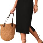 Naggoo Midi Skirts for Women Summer Elastic High Waisted Side Slit Long Skirts