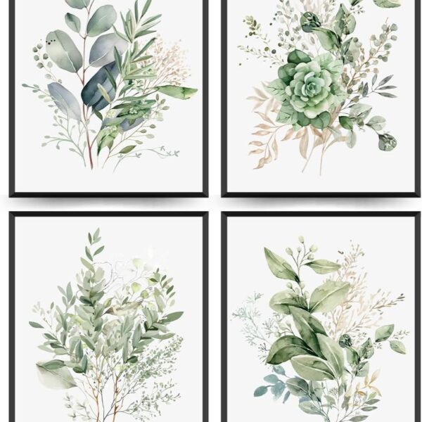 PLKMN Sage Green Botanical Wall Art Set of 4, Modern Wildflower Prints, Floral Plant Decor for Bedroom, Bathroom, Farmhouse, 8x10 Inch, Unframed