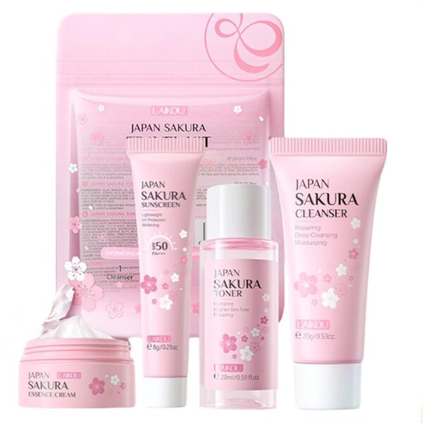 Sakura Travel Skincare Set for Teenage Girls - Face Routine Set for Women,4 Piece Gentle Skin Cleaning & Care Travel Size Kit With Cleanser, Toner, sunscreen and Face Cream