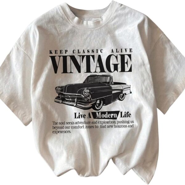 Women's Graphic Letter Tee Crew Neck Drop Shoulder Trendy Summer T Shirt Short Sleeve Vintage Car Print Top