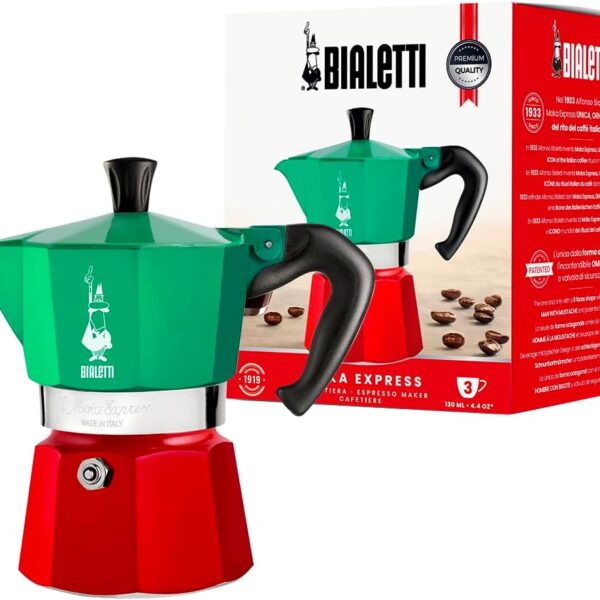 Bialetti - Moka Express Italia Collection: Iconic Stovetop Espresso Maker, Makes Real Italian Coffee, Moka Pot 3 Cups (4.3 Oz - 130 Ml), Aluminium, Colored in Red Green Silver