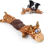 3-in-1 Squeaky Dog Toys for Chewers, Dual Squeaker, Crinkle Sound, Stretchy Spring Band - Durable Interactive Plush Puppy Toys for Boredom, Small Medium Large Breed (Giraffe)