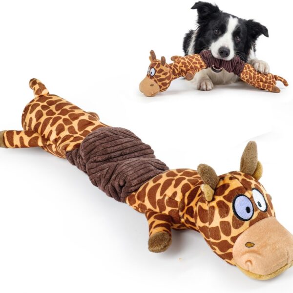 3-in-1 Squeaky Dog Toys for Chewers, Dual Squeaker, Crinkle Sound, Stretchy Spring Band - Durable Interactive Plush Puppy Toys for Boredom, Small Medium Large Breed (Giraffe)