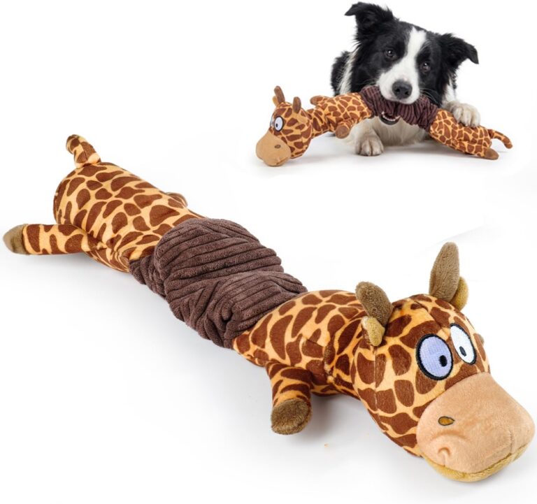 3-in-1 Squeaky Dog Toys for Chewers, Dual Squeaker, Crinkle Sound, Stretchy Spring Band - Durable Interactive Plush Puppy Toys for Boredom, Small Medium Large Breed (Giraffe)