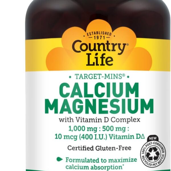 Country Life Target-Mins Calcium Magnesium with Vitamin D-Complex, 1000mg/500mg/10mcg, 240 Vegan Capsules, Certified Gluten Free, Certified Vegan