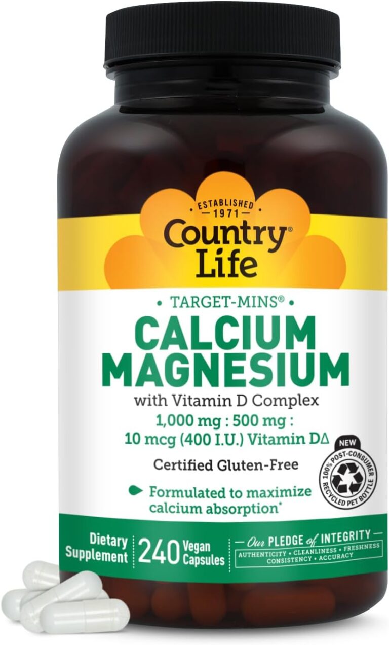 Country Life Target-Mins Calcium Magnesium with Vitamin D-Complex, 1000mg/500mg/10mcg, 240 Vegan Capsules, Certified Gluten Free, Certified Vegan