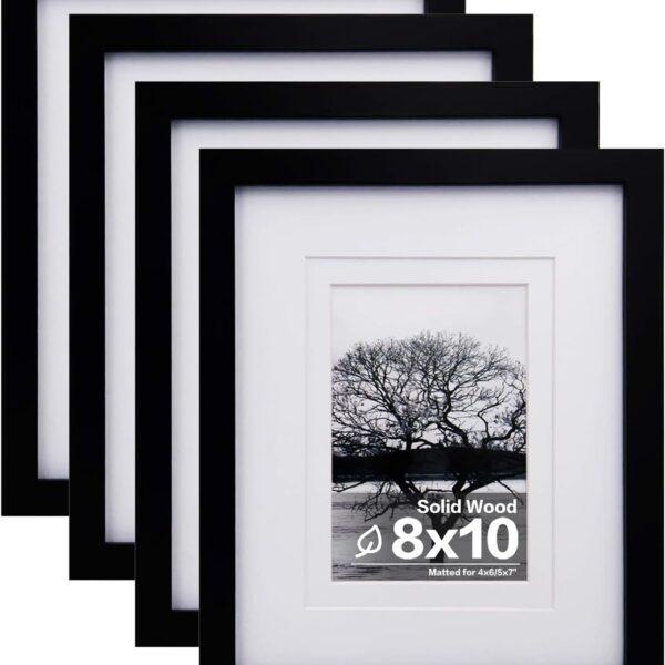 Egofine 8x10 Picture Frames Set of 4, Made of Solid Wood Covered by Plexiglass 4x6 and 5x7 with Mat or 8x10 without Mat, for Table Top Display and Wall Mounting Photo Frame Black