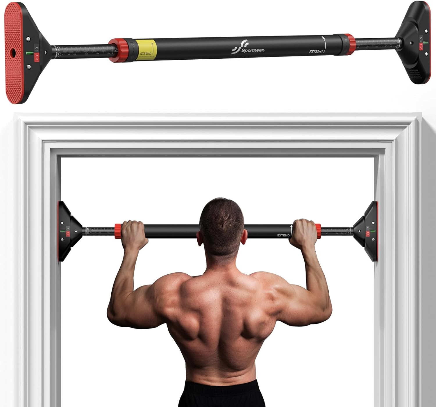 Pull Up Bar for Doorway: Sportneer Strength Training Pull-up Bars without Screw - Adjustable Width Locking Mechanism Chin Up Bar, Thickened Steel Max Limit 440 lbs Upper Body Fitness Pullup Bars for Home (Black-Red) Pull Up Bar for Doorway: Sportneer Strength Training Pull-up Bars without Screw - Adjustable Width Locking Mechanism Chin Up Bar, Thickened Steel Max Limit 440 lbs Upper Body Fitness Pullup Bars for Home (Black-Red)