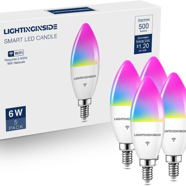 Lightinginside E12 Smart Light Bulbs 60W Equiv., 500LM 6W RGBCW Candelabra Chandelier Candle Bulb Works with Alexa/Google Home/Smart Life, 2.4G WiFi Bluetooth Bulbs, No Hub Required, ETL Listed, 5PCS