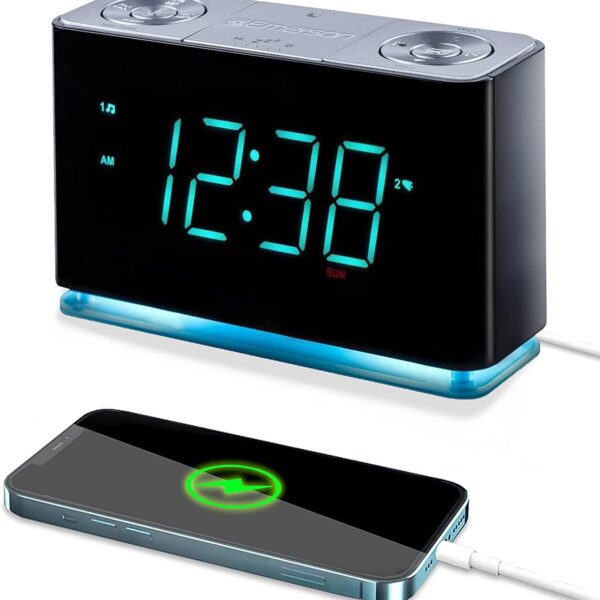Emerson Smartset Alarm Clock Radio with Bluetooth Speaker with USB Port for iPhone/iPad/iPod/Android and Tablets, 1.4" Cyan LED Display and Night Light, ER100301