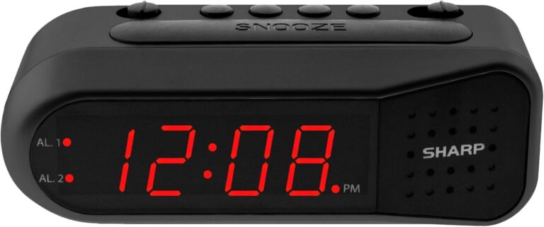 Sharp Easy-Set Digital Alarm Clock for Bedroom  Large Red LED Display, Ascending Loud Alarm for Heavy Sleepers, Dual Alarm Weekday/Weekend, Simple Operation, Snooze & Dimmer Control, Battery Backup