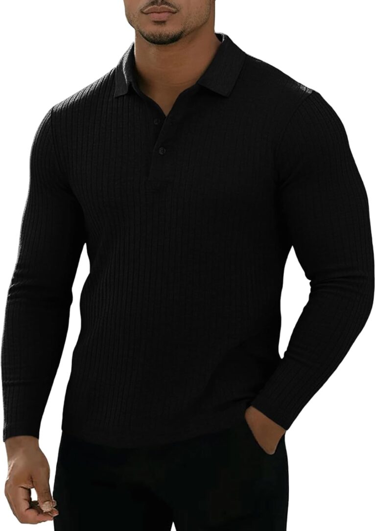Muscle Cmdr Men's Cotton Long Sleeve Muscle T Shirts Slim Fit Business Casual Tee Short Sleeve Ribbed Polo V Neck