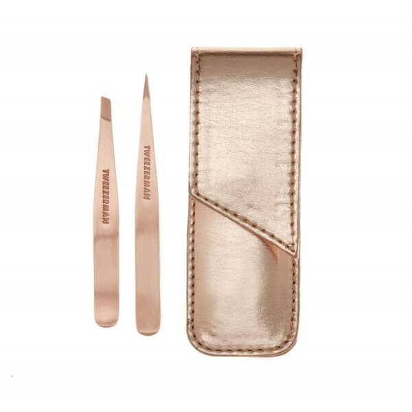 Tweezerman Rose Gold Petite Point and Slant Tweezer Set with Travel Case - Eyebrows for Women and Men