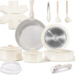 Chef Power Ceramic Nonstick Pots and Pans Set 19 Piece with Detachable Handle, Induction Dishwasher Oven Safe Cookware Set, RV Kitchen Set Removable Handle, Granite Grey and White