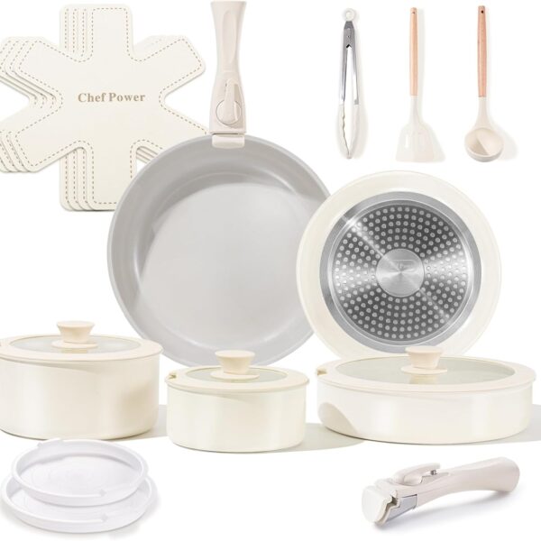 Chef Power Ceramic Nonstick Pots and Pans Set 19 Piece with Detachable Handle, Induction Dishwasher Oven Safe Cookware Set, RV Kitchen Set Removable Handle, Granite Grey and White