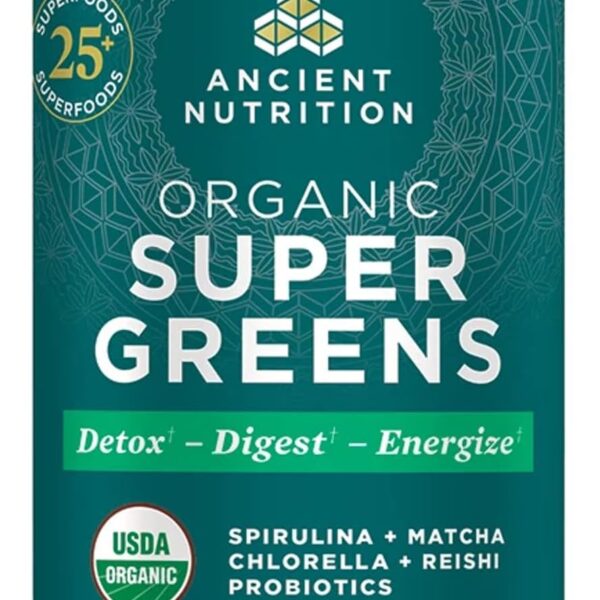 Ancient Nutrition Super Greens Powder, Organic Superfood Powder with Probiotics Made with Spirulina, Chlorella, Matcha, and Digestive Enzymes, 25 Servings, 7.05oz