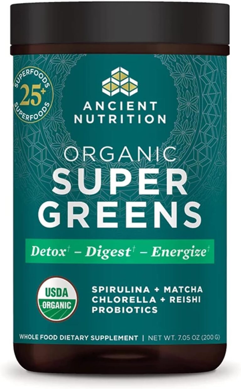 Ancient Nutrition Super Greens Powder, Organic Superfood Powder with Probiotics Made with Spirulina, Chlorella, Matcha, and Digestive Enzymes, 25 Servings, 7.05oz