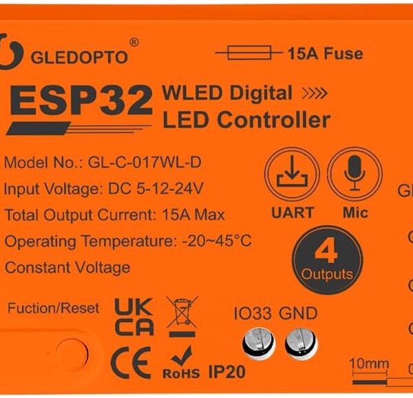 ESP32 WLED LED Strip Light Controller 4 Channel Output 15A Fuse Link Level Shifter UART Download DIY Dynamic Lighting Mode APP Voice Control for Digital WS2811 WS2812 WS2815 SK6812 RGB IC String