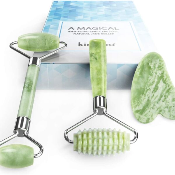 kimkoo Jade Roller and Gua Sha for Face-3 in 1 Kit with Facial Massager Tool,100% Real Natural Jade Stone Anti Aging,Face Beauty Set for Eye Anti-Wrinkle