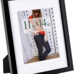 RPJC 11x14 inch Picture Frame Made of Solid Wood and High Definition Glass Display Pictures 8x10 with Mat or 11x14 Without Mat for Table Top Display and Wall Mounting Photo Frame with Stand Black