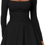 Kaximil Women's Square Neck Ruffle Hem Mini Dress Ruched Waist Long Sleeve Corset Short Party Dresses
