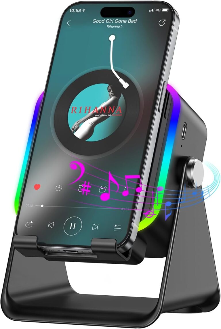 Wireless Induction Speaker 5-in-1 Bluetooth Speaker with Phone Stand,Stereo Sound, 3500mAh Rechargeable, 8 RGB Ambient Light, 360 Adjustable Holder for iPhone/Android/iPad,Gifts for Men Women (Black)