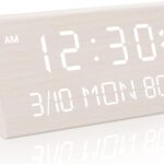 Kogonee Wooden Digital Alarm Clock, 0-100% Dimmer, 2 Alarm Settings, Weekday/Everyday Mode, 9 Mins Snooze, 12/24H, Temperature and Date Display for Office, Travel, Bedroom Alarm Clock (White)