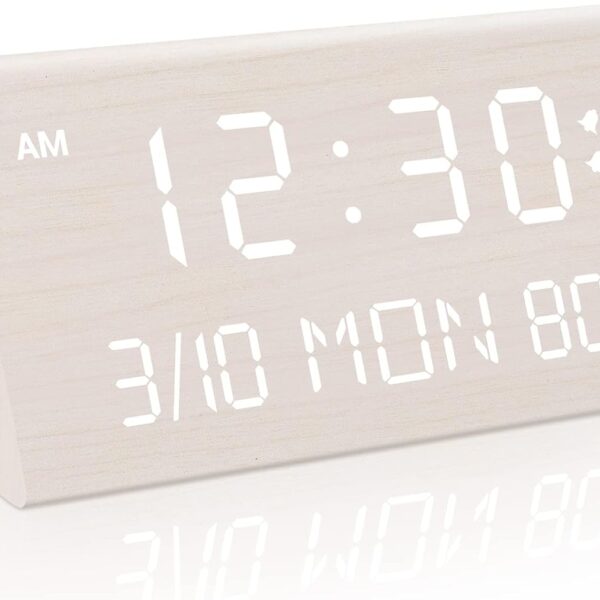 Kogonee Wooden Digital Alarm Clock, 0-100% Dimmer, 2 Alarm Settings, Weekday/Everyday Mode, 9 Mins Snooze, 12/24H, Temperature and Date Display for Office, Travel, Bedroom Alarm Clock (White)