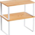 Kitchen Cabinet Organizer Shelf, Set of 2 Stackable Counter Shelves, Small Wood Cabinet Riser Shelf for Pantry Cupboard Spice Dish Mug Cup, Expandable, Metal Engineered Wood (Beige & White, 11.7''W)