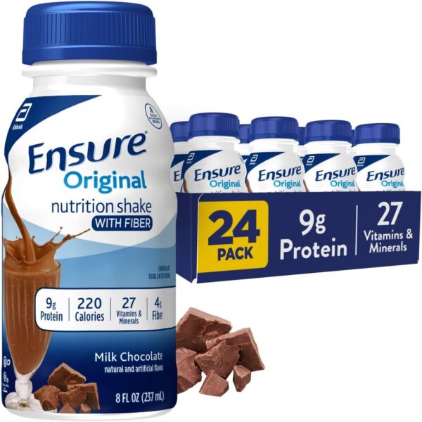 Ensure Original Milk Chocolate Nutrition Shake With Fiber | Small Meal Replacement Shake | Ready to Drink | 9g Protein, 27 Vitamins and Minerals | 8 fl oz - 24 Pack