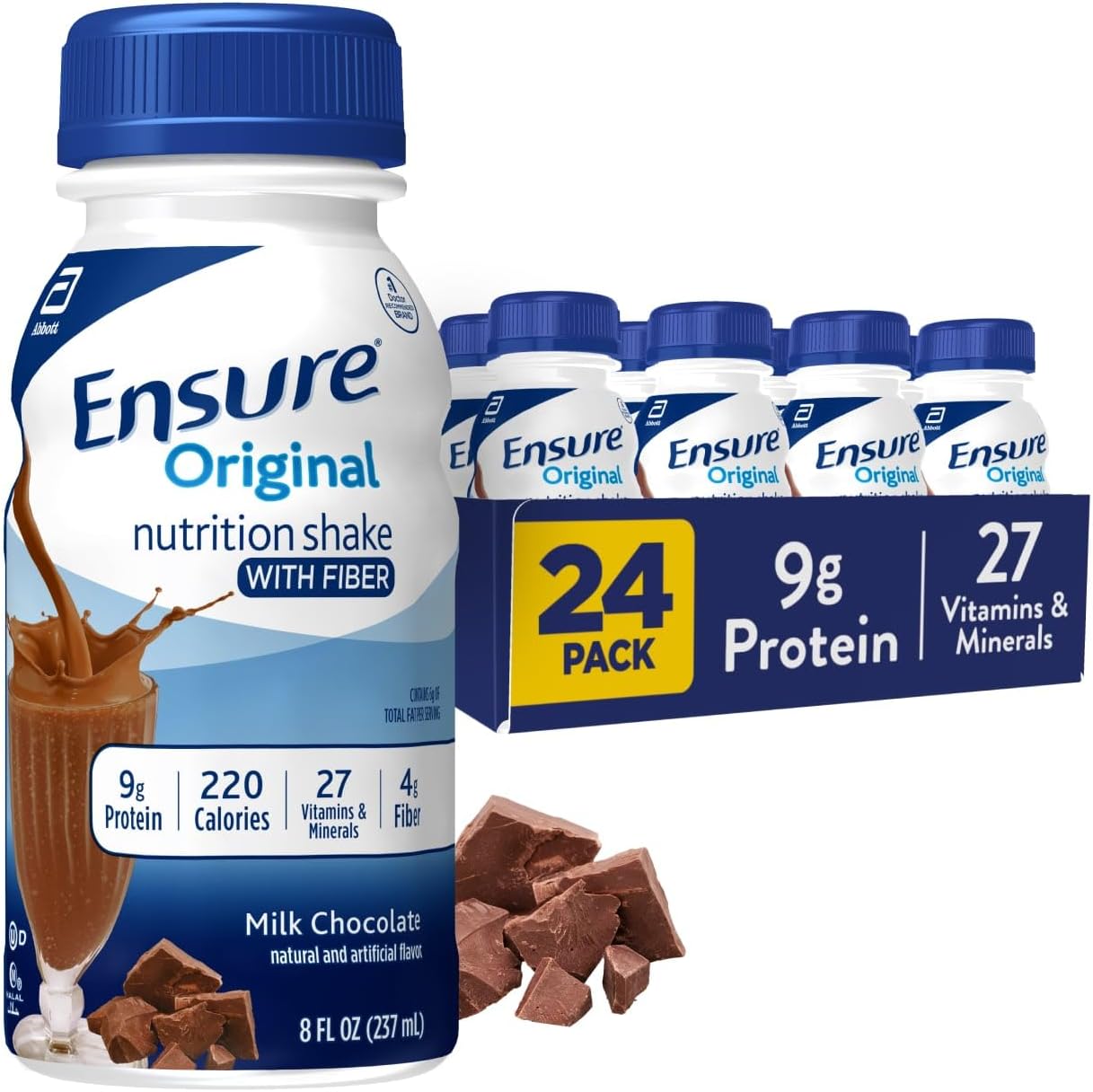 Ensure Original Milk Chocolate Nutrition Shake With Fiber | Small Meal Replacement Shake | Ready to Drink | 9g Protein, 27 Vitamins and Minerals | 8 fl oz - 24 Pack Ensure Original Milk Chocolate Nutrition Shake With Fiber | Small Meal Replacement Shake | Ready to Drink | 9g Protein, 27 Vitamins and Minerals | 8 fl oz - 24 Pack