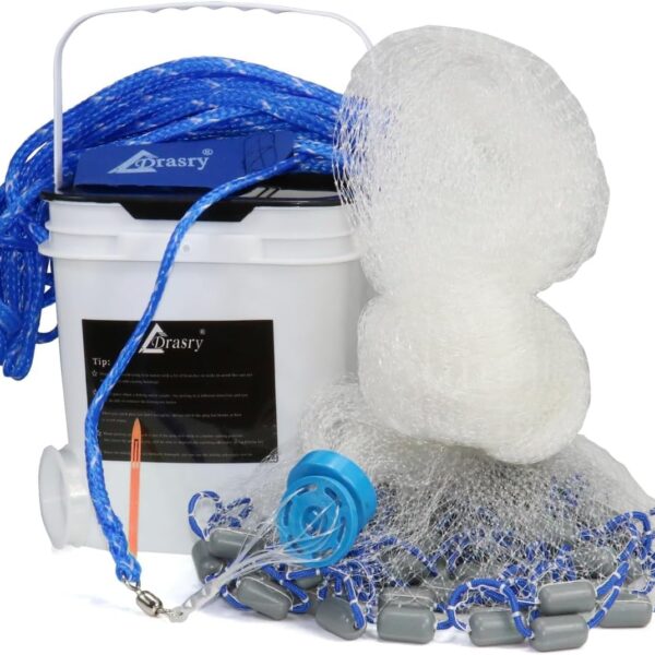 Drasry Saltwater Fishing Cast Net 3/8 and 1/4 Mesh with Heavy Duty Gray Sinker American Monofilament Fish Throw Net for Bait Trap 3FT 4FT 5FT 6FT 7FT 8FT 9FT Radius