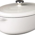 Lodge 7 Quart Enameled Cast Iron Oval Dutch Oven with Lid  Dual Handles  Oven Safe up to 500 F or on Stovetop - Use to Marinate, Cook, Bake, Refrigerate and Serve  Oyster White
