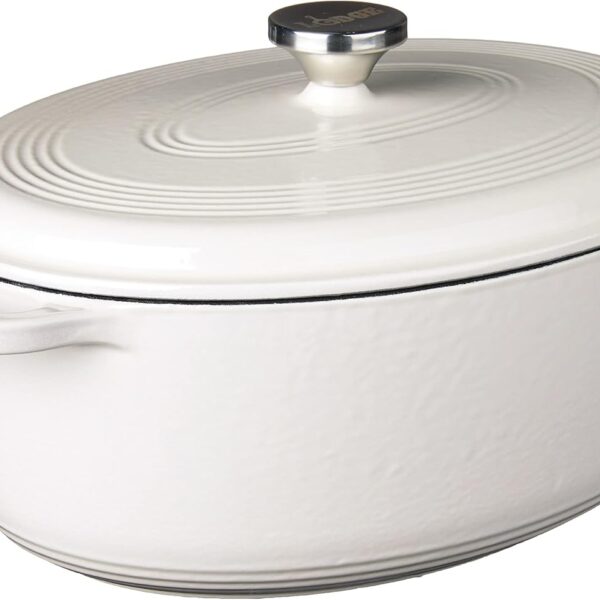 Lodge 7 Quart Enameled Cast Iron Oval Dutch Oven with Lid  Dual Handles  Oven Safe up to 500 F or on Stovetop - Use to Marinate, Cook, Bake, Refrigerate and Serve  Oyster White