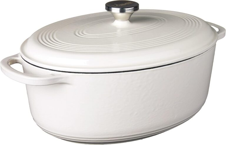 Lodge 7 Quart Enameled Cast Iron Oval Dutch Oven with Lid  Dual Handles  Oven Safe up to 500 F or on Stovetop - Use to Marinate, Cook, Bake, Refrigerate and Serve  Oyster White