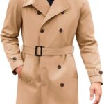 Runcati Mens Trench Coat Double Breasted Mid Long Jacket Casual Belted Overcoat Notched Lapel Windbreaker