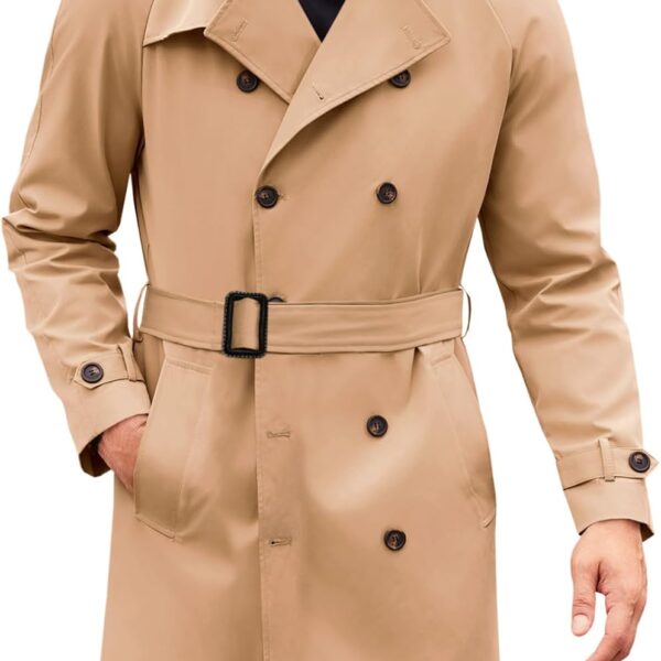 Runcati Mens Trench Coat Double Breasted Mid Long Jacket Casual Belted Overcoat Notched Lapel Windbreaker