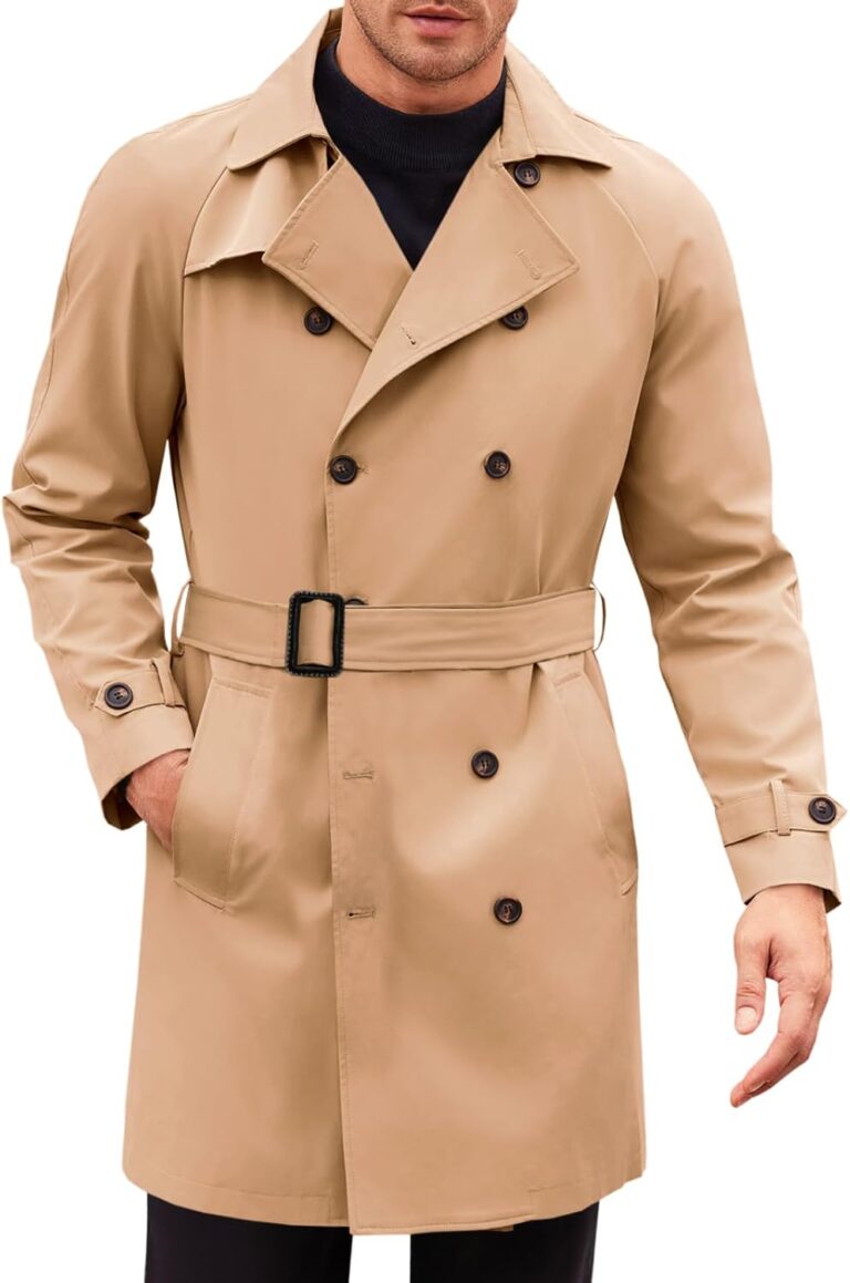 Runcati Mens Trench Coat Double Breasted Mid Long Jacket Casual Belted Overcoat Notched Lapel Windbreaker
