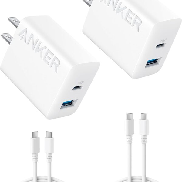 Anker iPhone 17/16 Charger, 2-Pack 20W Fast USB C Charger Block, for iPhone 17/16/16 Pro Max/15 Series/iPad Pro and More (2 Pack & 2 Cable) (White)