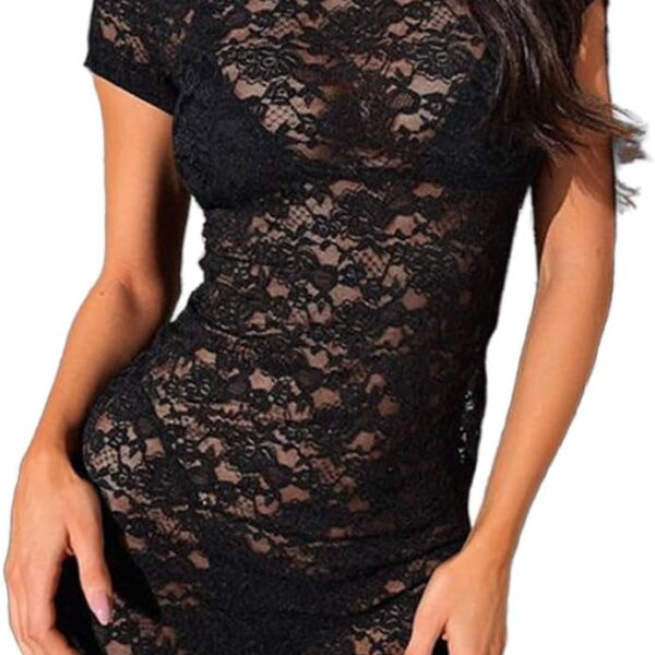 LOFAAC Women Sexy See Through Floral Lace Bodycon Mini Dress Crew Neck Short Sleeve Side Slit Cocktail Party Club Dress