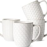 LE TAUCI Coffee Mugs 16 oz,Ceramic Mug Set, Embossment Cups for Latte, Hot Tea, Cappuccino, Mocha, Cocoa, Dishwasher Safe, Suit For Housewarming Wedding- 3.8 inch, Set of 4, Arctic White