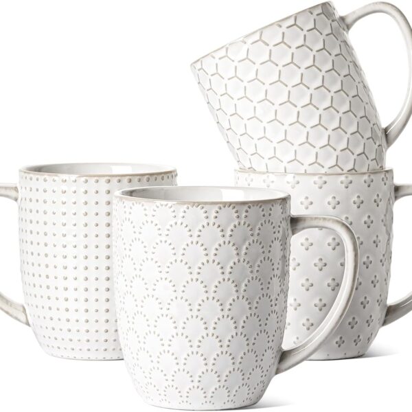 LE TAUCI Coffee Mugs 16 oz,Ceramic Mug Set, Embossment Cups for Latte, Hot Tea, Cappuccino, Mocha, Cocoa, Dishwasher Safe, Suit For Housewarming Wedding- 3.8 inch, Set of 4, Arctic White