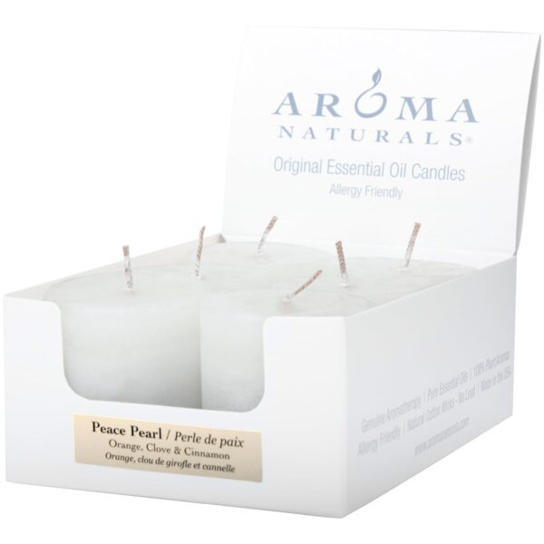 Aroma Naturals Votive Candles with Orange Clove and Cinnamon Essential Oil White Scented, Peace Pearl, 5.5x3.75x2 Inch (Pack of 6)
