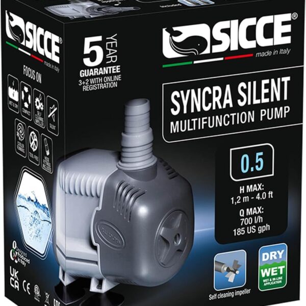 SICCE Syncra Silent 0.5 Multifunction 185 GPH Submersible Water Pump | Italian Made 8W Ultra Quiet Durable for Aquarium Fish Tank, Fountain, Pond, Hydroponics, Terrarium Black | Freshwater & Saltwater